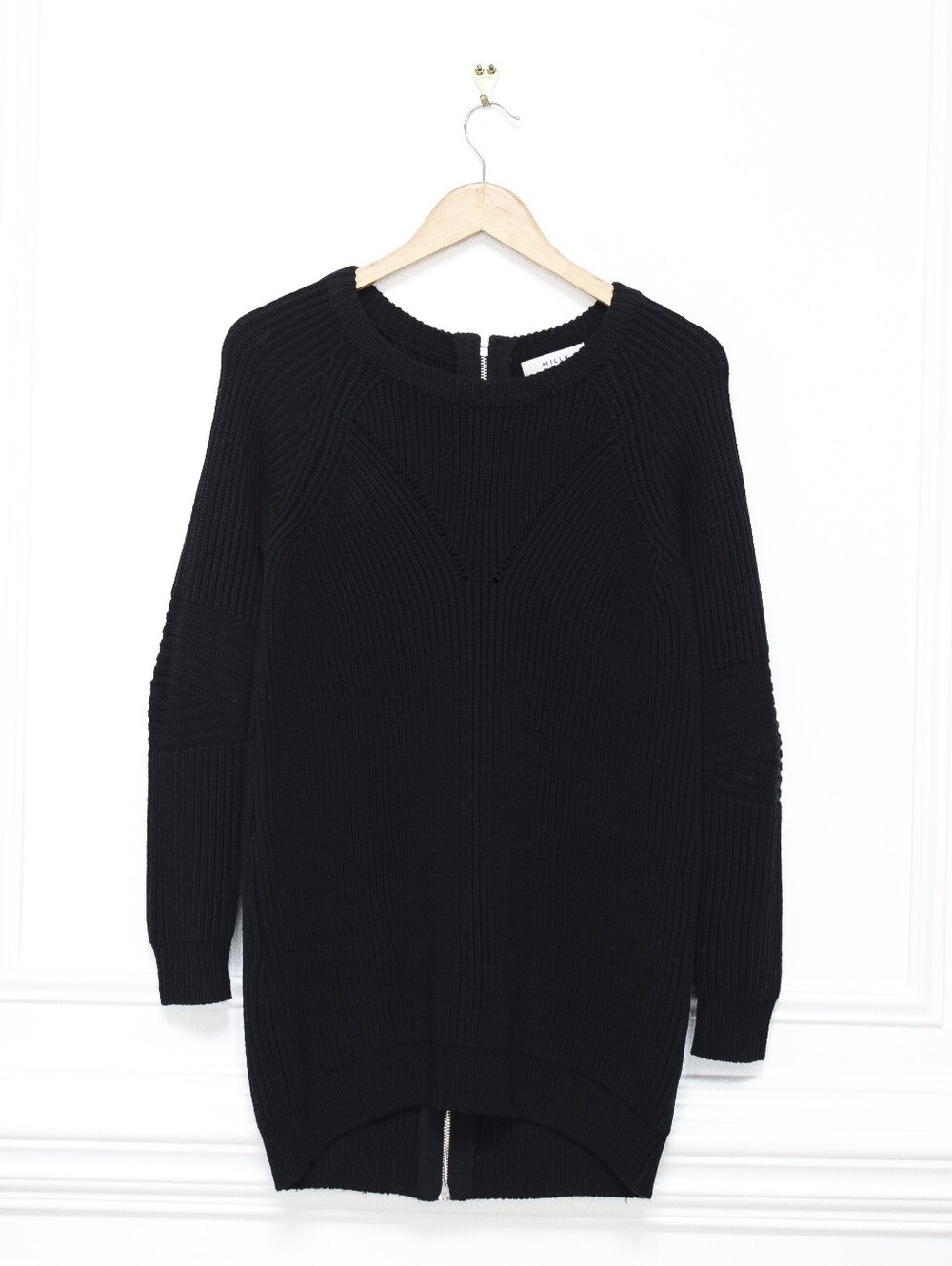 Milly Merino Wool Sweater Dress Black Chunky Knit Mini Size XS Leather Trim Fall